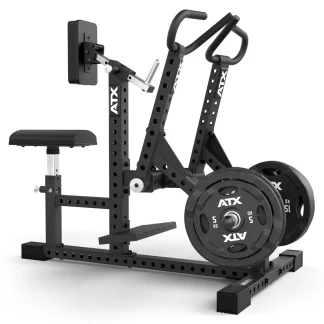 A black ATX gym machine with handles, adjustable bench, and weight plates attached. The setup is designed for lower body and glute training, placed on a flat surface.