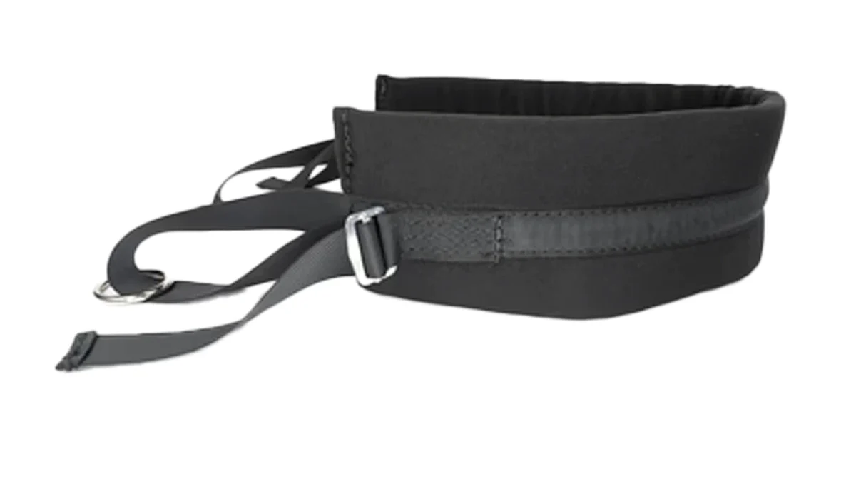 A black padded gait belt with a metal buckle and adjustable straps, designed to assist with patient mobility and transfers.