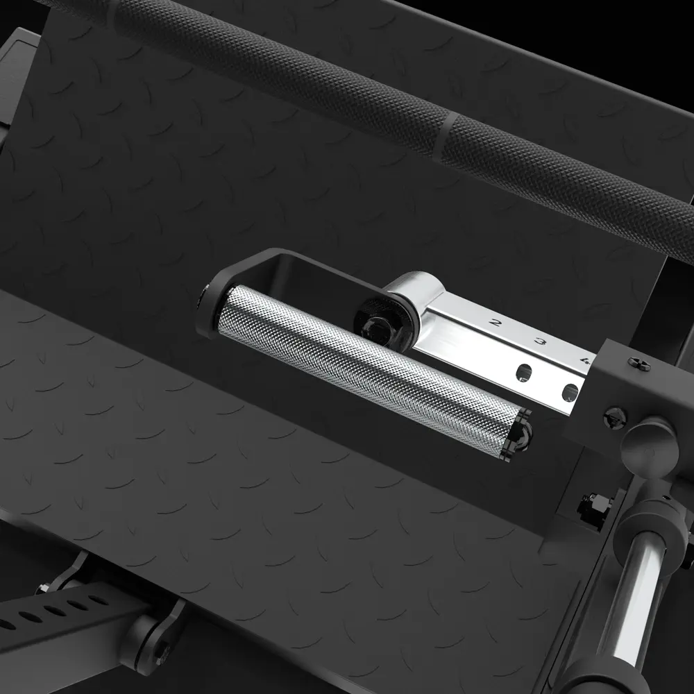 Close-up view of a metal handle with knurled grip attached to exercise equipment, featuring a diamond-patterned footplate and sturdy black and silver construction.