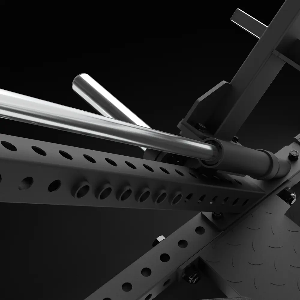 Close-up view of a metal barbell resting on a black, adjustable gym rack with multiple holes for height adjustments, set against a dark background.