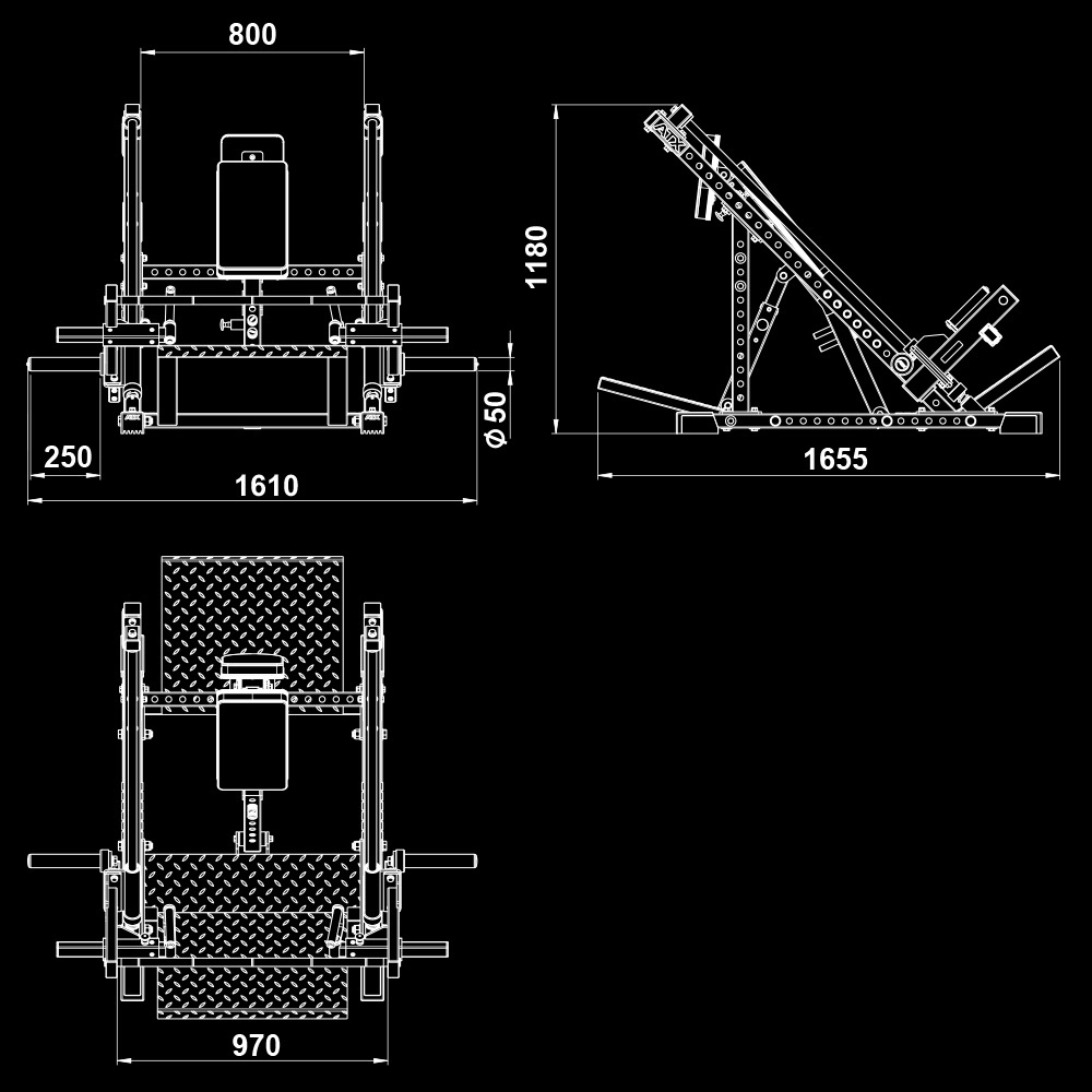 Technical drawing of a gym leg press machine, shown from front, side, and top views, with dimensions labeled in millimeters: 1610 x 800 x 1180, and detailed structural components visible.