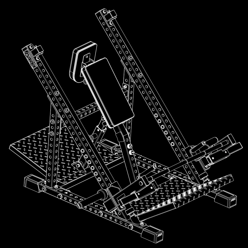 A detailed line drawing of a leg press machine with adjustable supports, footplate, padded backrest, and perforated metal base, shown at an angle on a black background.