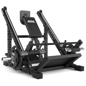A black ATX leg press machine with an adjustable backrest, footplate, and weight plates loaded on each side, designed for strength training exercises.