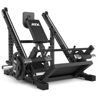 A black ATX leg press machine with an adjustable backrest, footplate, and weight plates loaded on each side, designed for strength training exercises.