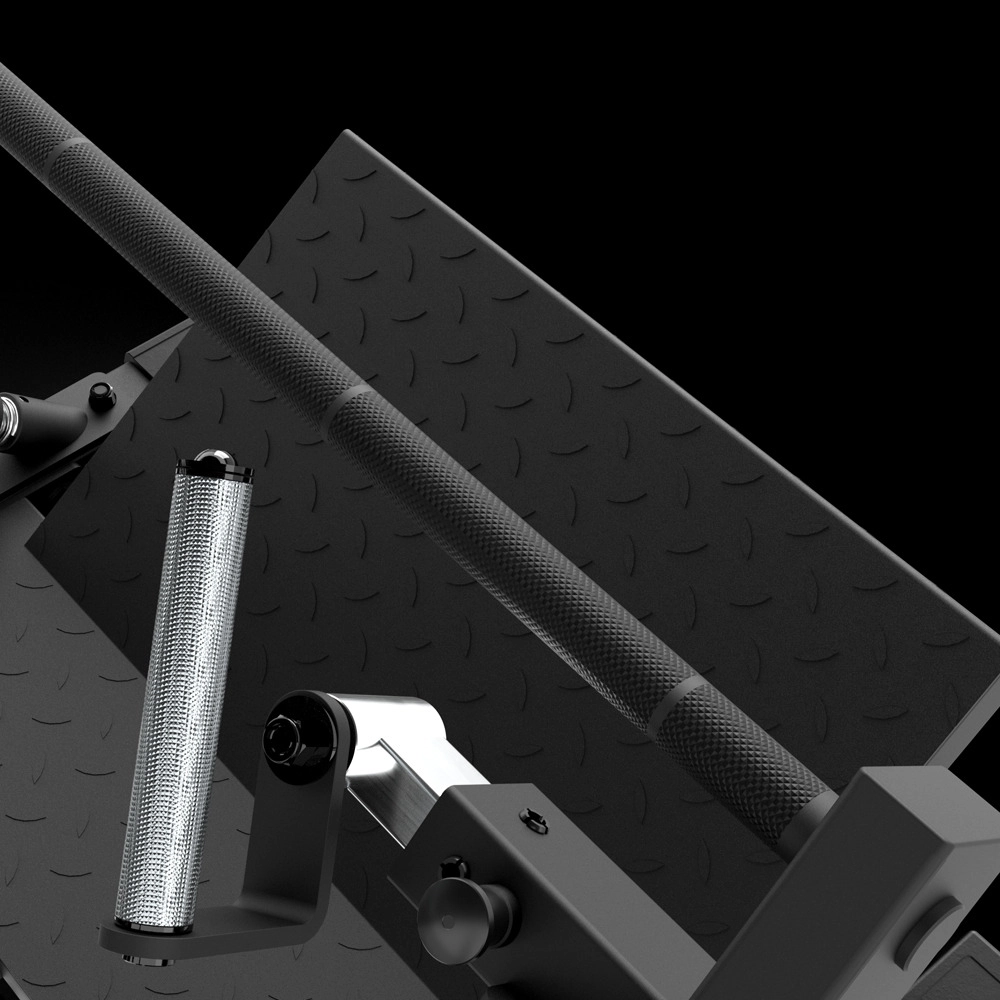 Close-up of a gym leg press machine featuring a textured metal footplate, a knurled handlebar, and sturdy mechanical components, all set against a black background.