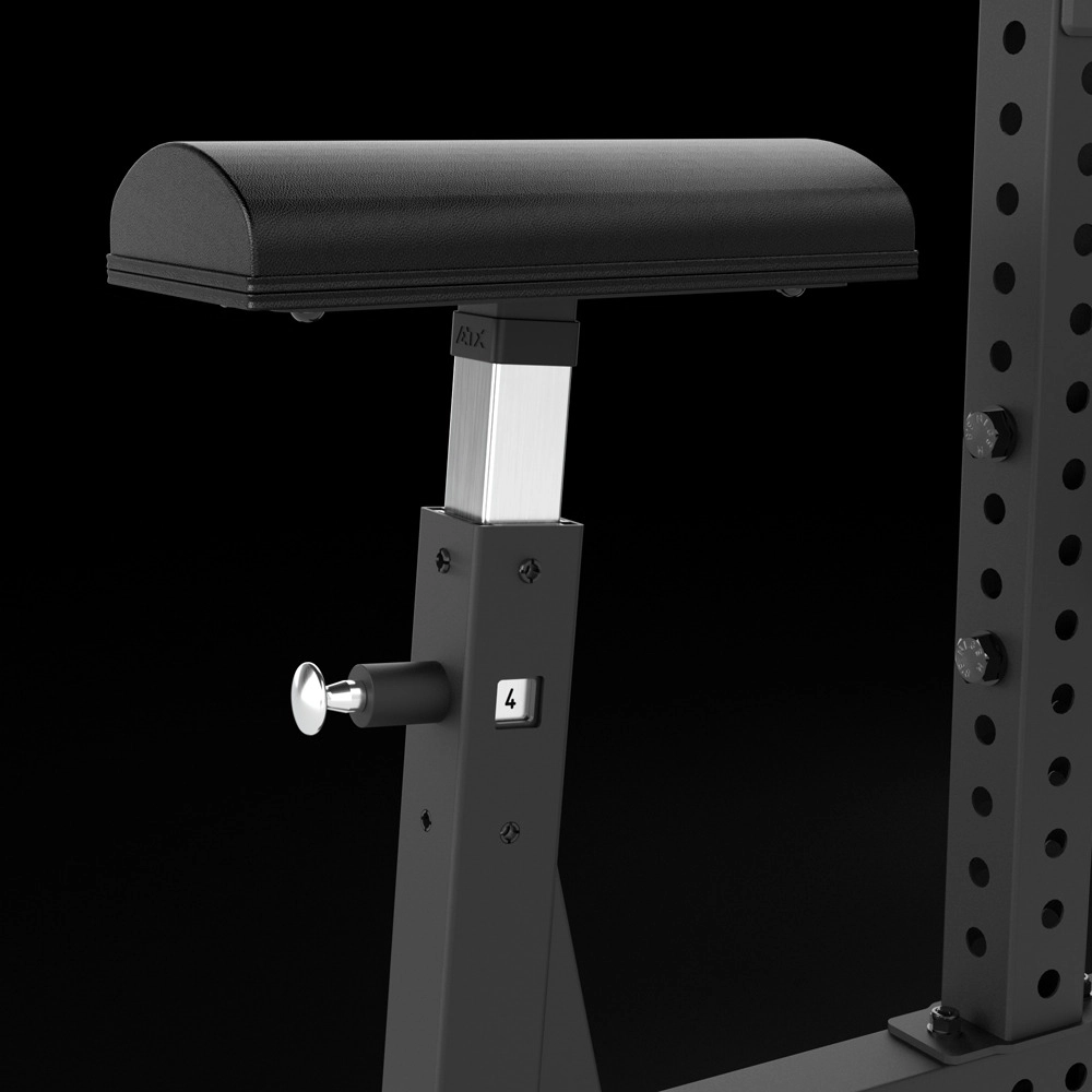 Close-up of a black adjustable arm pad attached to metal gym equipment, with a numbered height adjustment indicator and a locking pin, set against a plain black background.