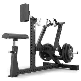 A black, heavy-duty seated row machine with adjustable padded seat and chest support, loaded with weight plates, engineered for gym strength training. The brand ATX is visible on the machine’s frame.