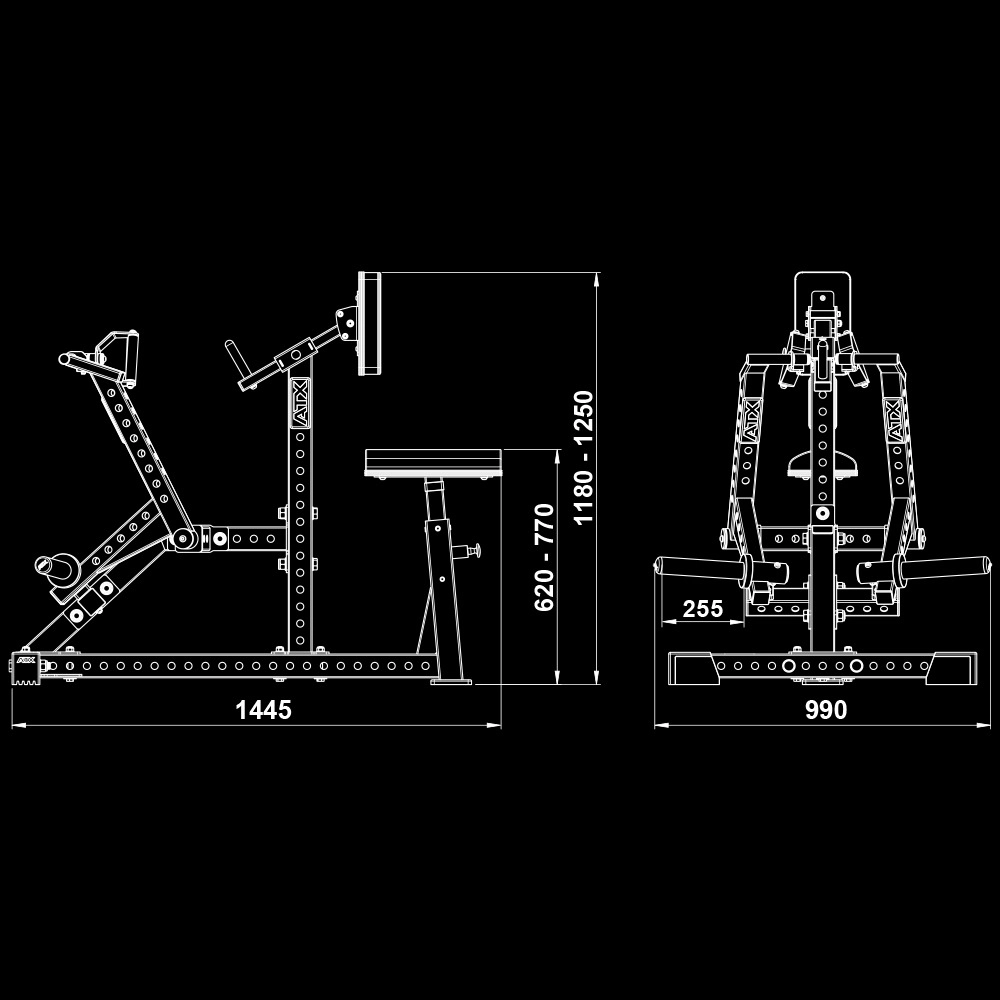 Technical drawing of a gym machine in side and front views, with labeled dimensions: 1445 mm length, 990 mm width, height range 1180–1250 mm, bench adjustable from 620–770 mm, and a 255 mm base width.