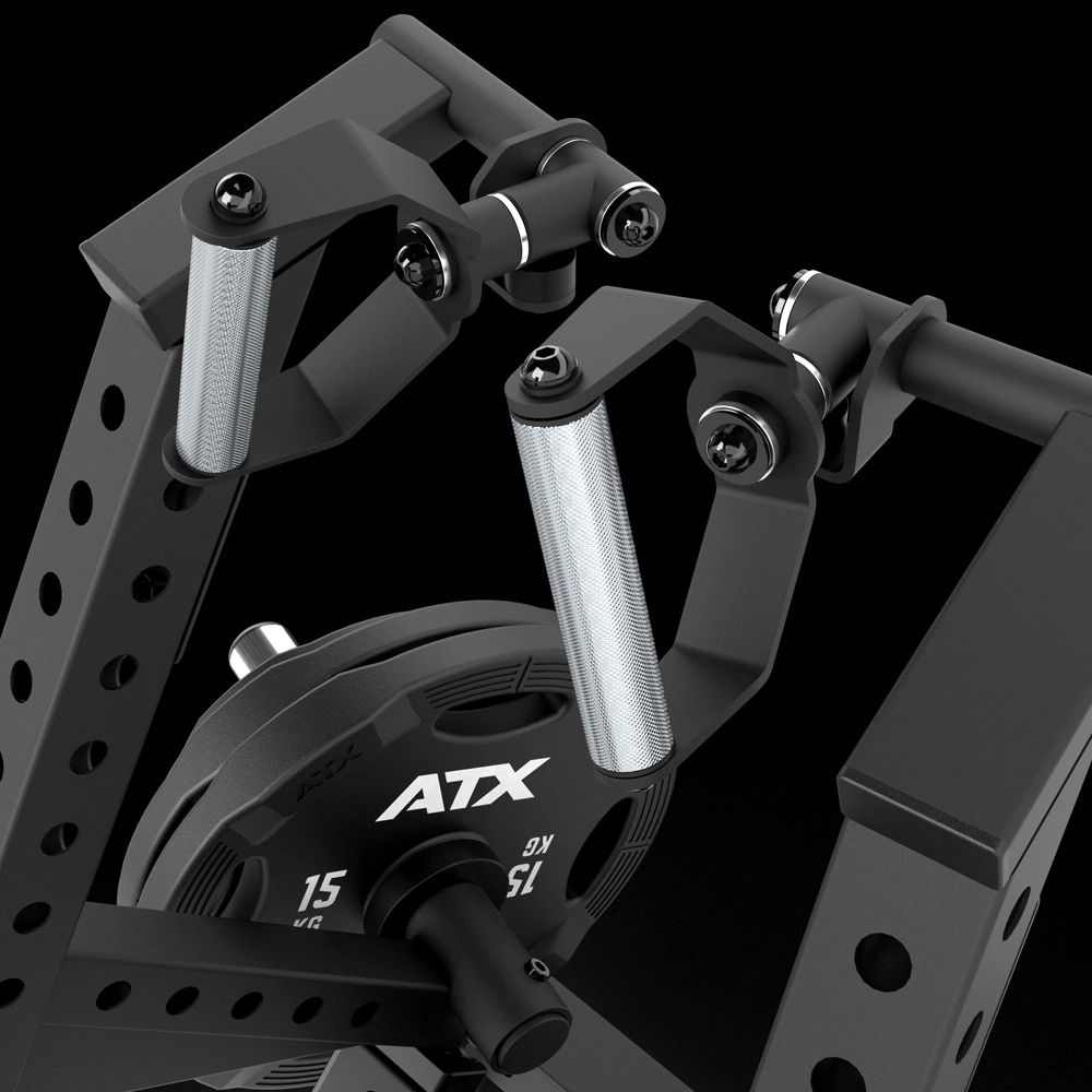 Close-up of a black ATX fitness machine showing two textured metal handles attached to adjustable arms and a 15 kg weight plate, set against a black background.