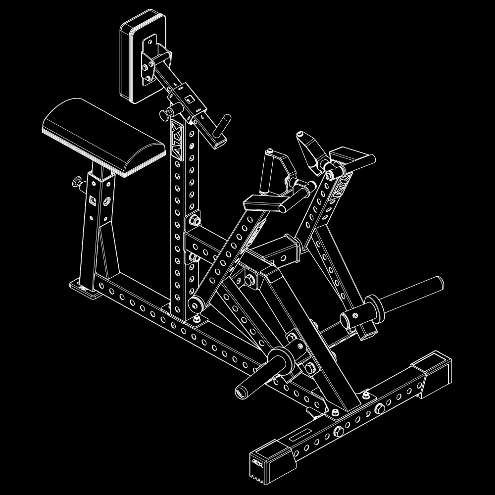 Isometric line drawing of a multi-purpose strength training gym machine with adjustable levers, padded seat, angled back support, and multiple holes for attachments, shown on a black background.