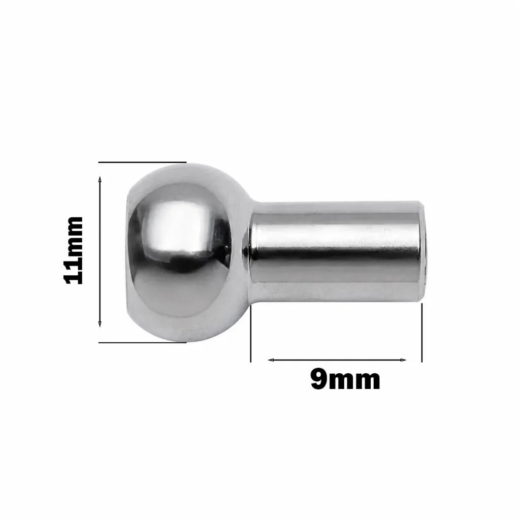 A shiny metallic object with a round head and cylindrical body, measuring 11mm in height and 9mm in length. The dimensions are labeled on either side of the object.