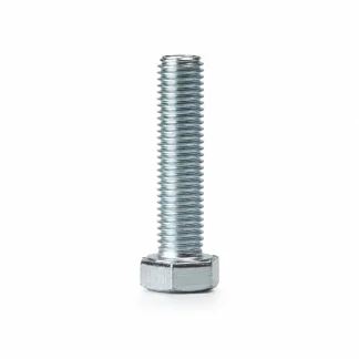 A close-up of a single silver metal hex bolt standing upright on a white background.