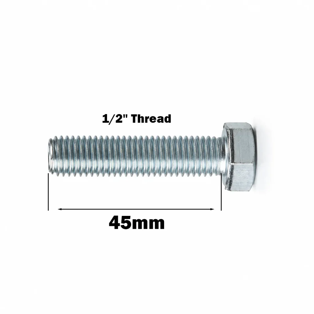 A metal hex bolt with a 1/2 thread is shown with a labeled length of 45mm between the bolt head and the end of the threaded shaft.