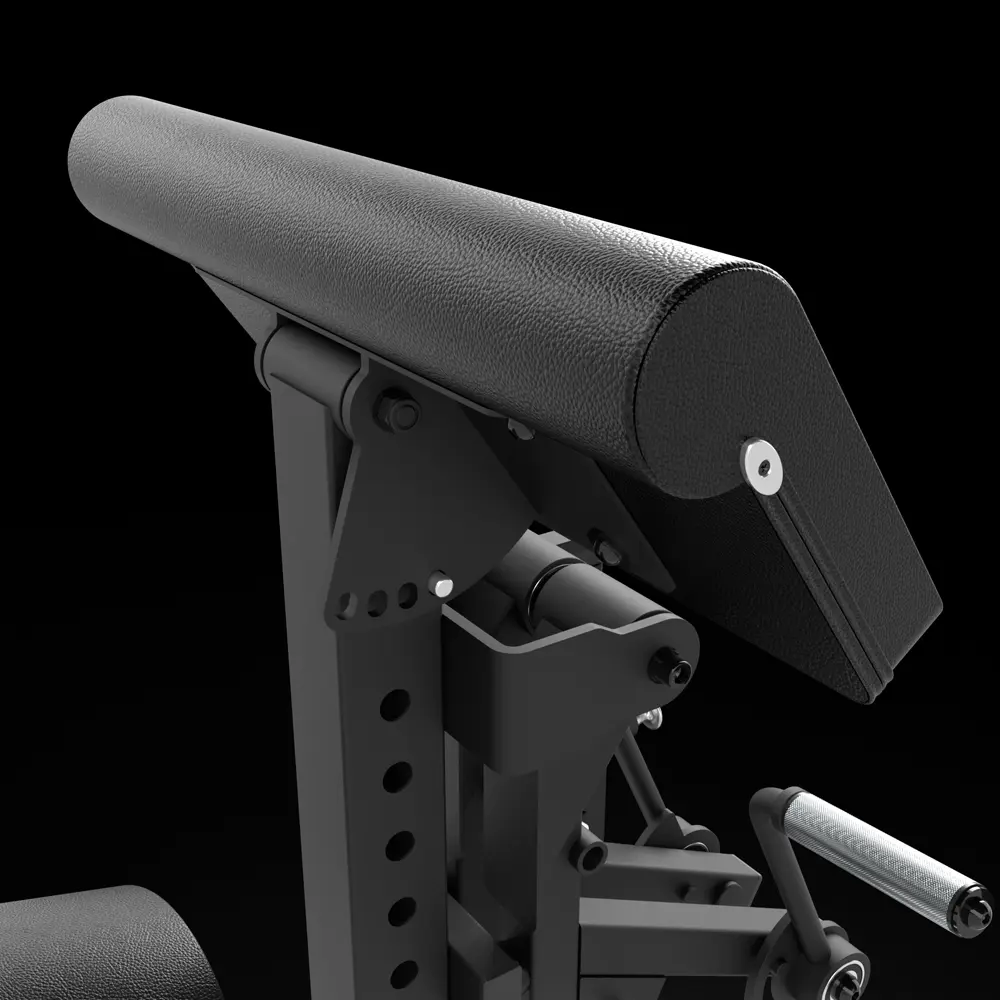 Close-up of the ATX® Bicep Blaster Preacher Curl Machine (Copy) with a black padded armrest, sturdy metal frame, adjustment holes, and handle, shown against a solid black background.