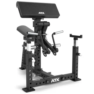 The ATX® Bicep Blaster Preacher Curl Machine features a black metal frame, padded armrest and seat, handles for weightlifting, and displays the ATX logo on both the seat and base.
