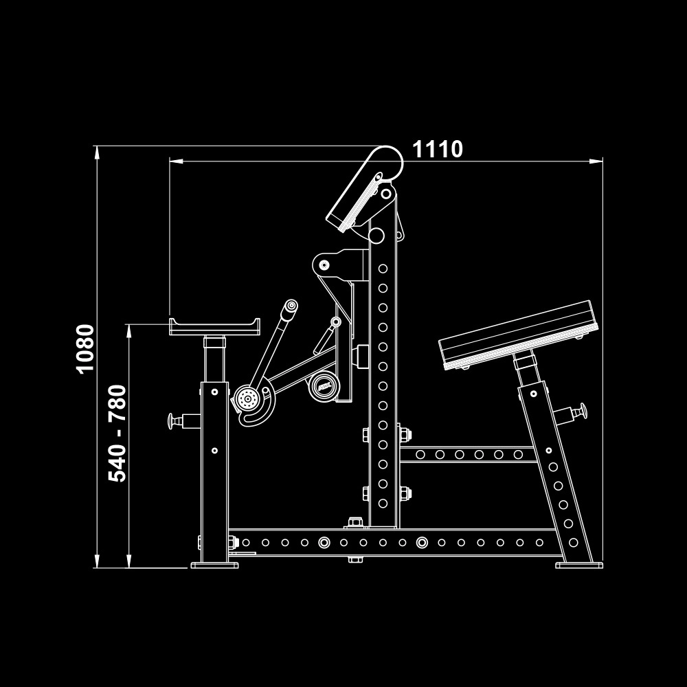 Technical line drawing of the ATX® Bicep Blaster Preacher Curl Machine (Copy) on a black background, showing dimensions: 1110 mm width, height adjustable from 540 to 780 mm, and total height of 1080 mm. Pulleys and adjustment holes are visible.