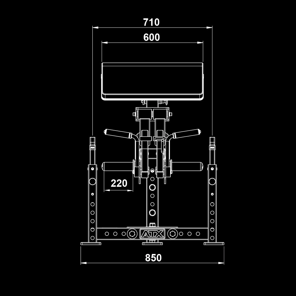 Technical line drawing of the ATX® Bicep Blaster Preacher Curl Machine (Copy) viewed from the front, displaying handles, pads, adjustable parts, and labeled widths: 220 mm, 600 mm, 710 mm, and 850 mm.