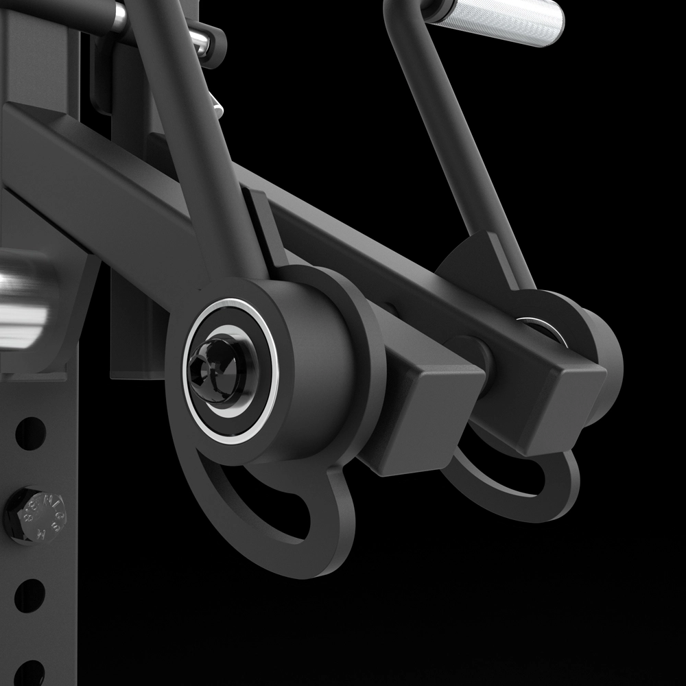 Close-up of the pivoting arm on the ATX® Bicep Blaster Preacher Curl Machine (Copy), featuring metal joints, bolts, and handles against a black background that highlights intricate mechanical details.