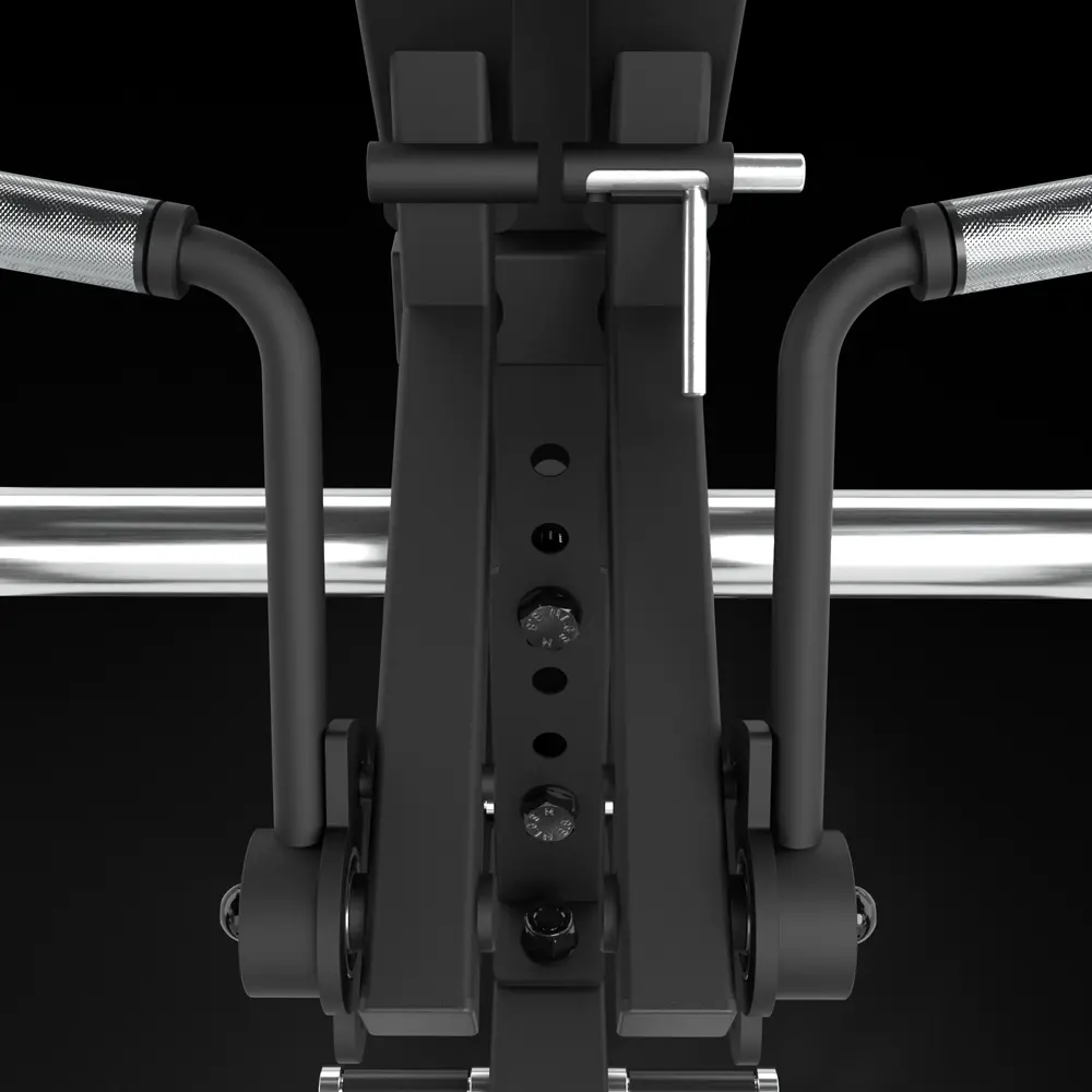 Close-up of the ATX® Bicep Blaster Preacher Curl Machine (Copy) in black, showing adjustable metal levers, bolts, and chrome handles—an advanced weight training/fitness apparatus set against a black background.