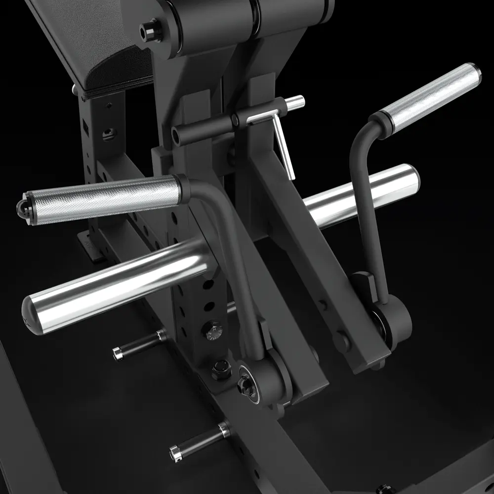 Close-up view of a black and silver leg press machine with textured handles and angled footrests, pictured next to the ATX® Bicep Blaster Preacher Curl Machine (Copy) against a black background.