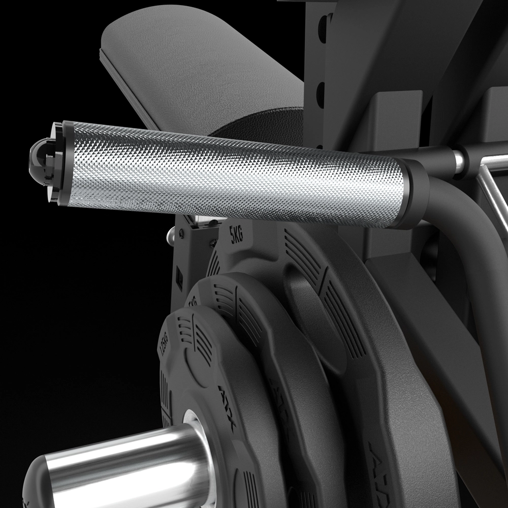 Close-up of the ATX® Bicep Blaster Preacher Curl Machine’s knurled handle and weight plates on the holder, set against a dark background. This equipment is designed for strength training.