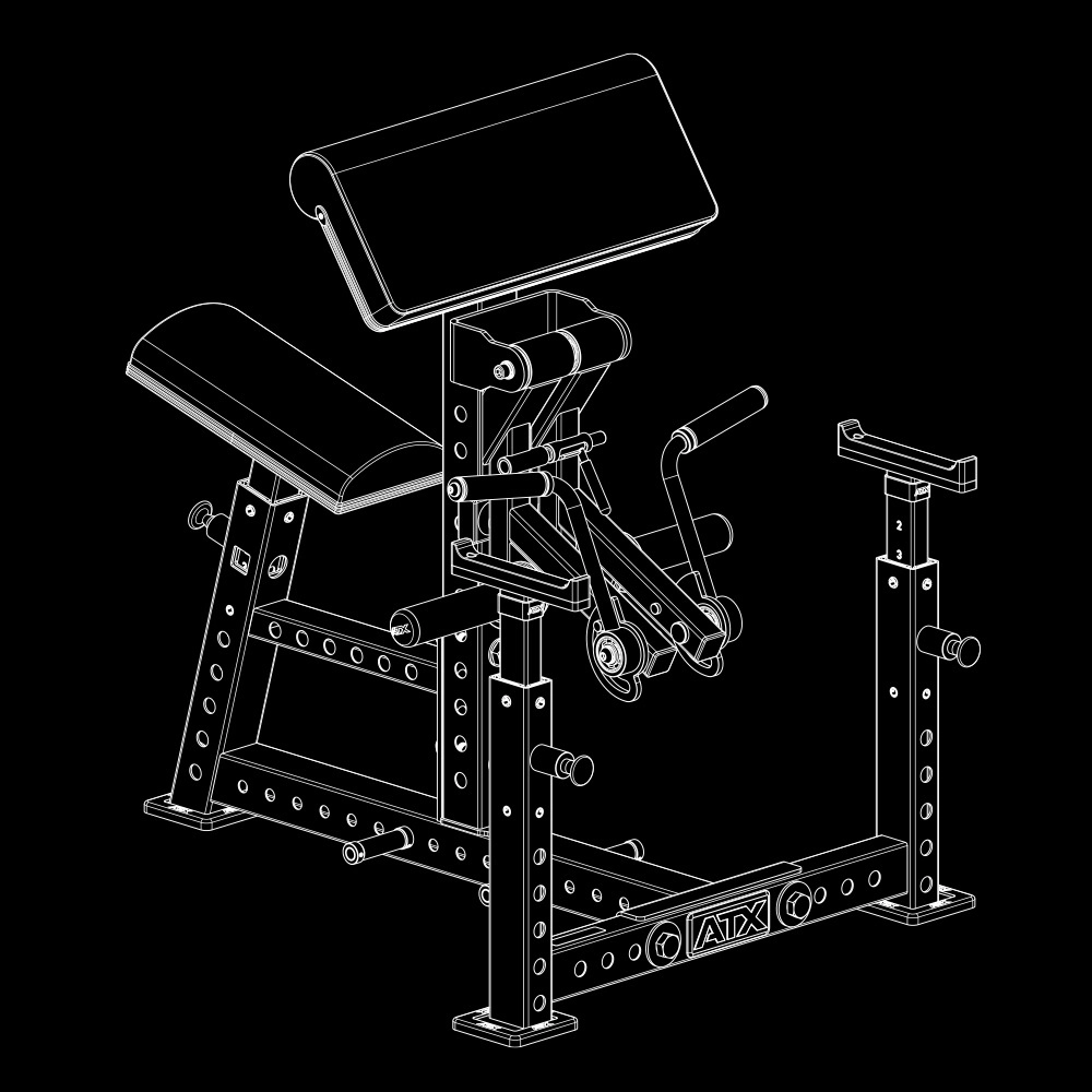 A black and white line drawing of the ATX® Bicep Blaster Preacher Curl Machine (Copy) with adjustable seat, padded supports, leg developer attachment, and height adjustment holes, shown on a plain black background.