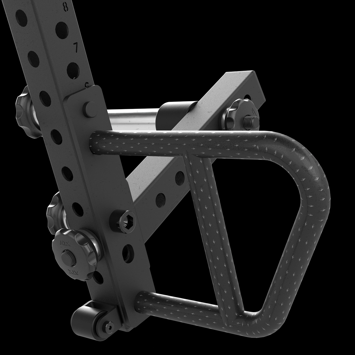 Close-up of the ATX® Jammers 3D Roller 700 Series, a black metal gym attachment with diamond-patterned grip handles, adjustable bolts, and 3D jammer arms fixed to a numbered vertical post. Solid black background.