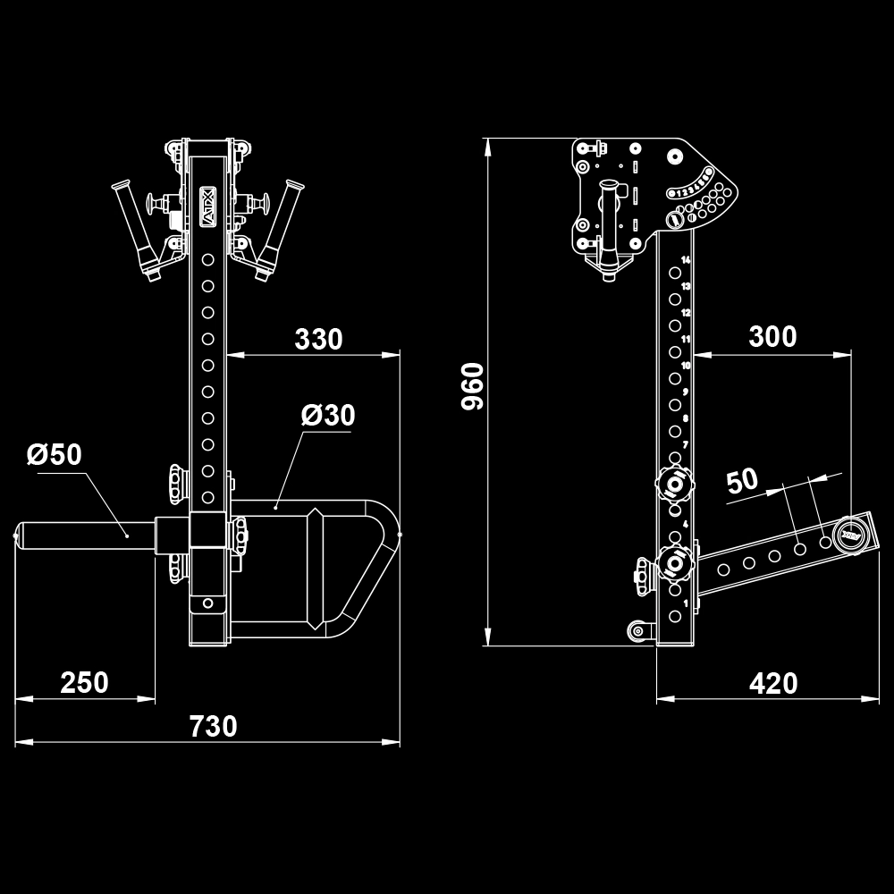 Technical drawing of the ATX® Jammers 3D Roller 700 Series (Copy) attachment, displaying front and side views with measurements in millimeters: height 960 mm, width 730 mm, and clearly labeled key parts and diameters.