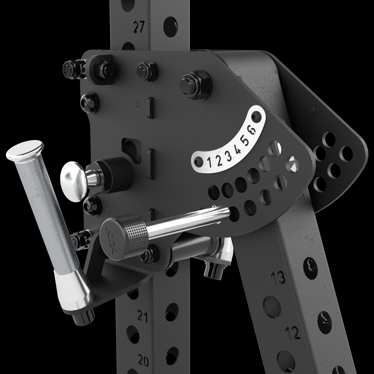 Close-up of ATX® Jammers 3D Roller 700 Series with black adjustable arms, numbered settings, multiple bolts, and chrome handles against a black background.