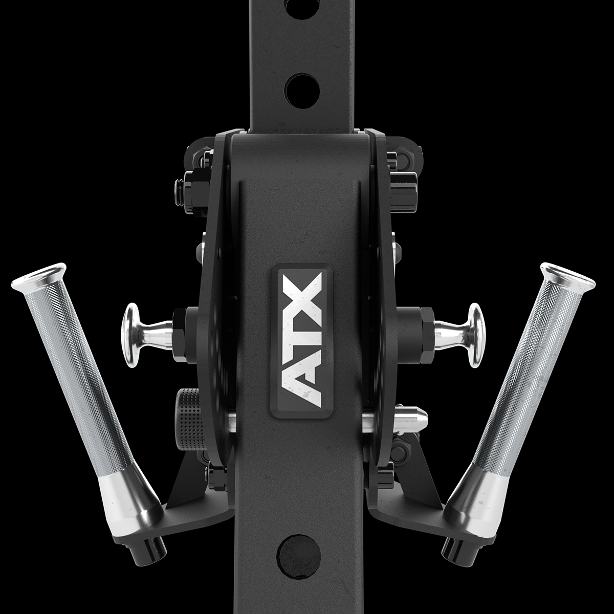 Close-up of ATX® Jammers 3D Roller 700 Series (Copy): black attachment with dual metal handles and adjustment knobs, mounted on a vertical frame for strength training, shown against a black background.