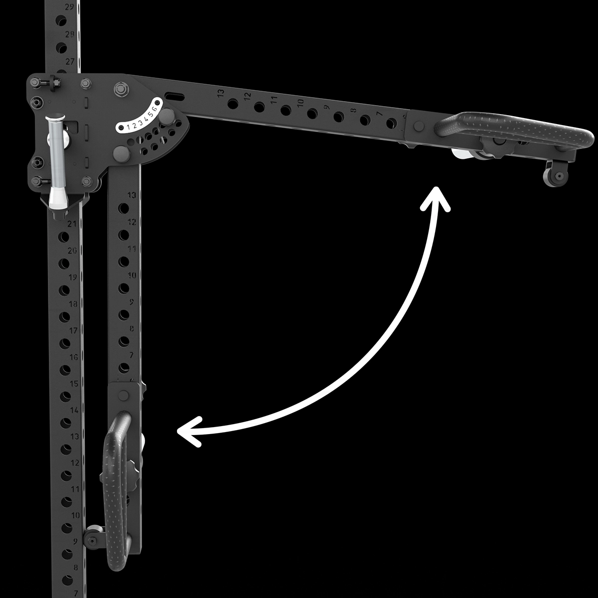 The ATX® Jammers 3D Roller 700 Series (Copy), a black adjustable arm attachment, is mounted on a vertical gym rack, with a white arrow highlighting its up-and-down positional adjustability.