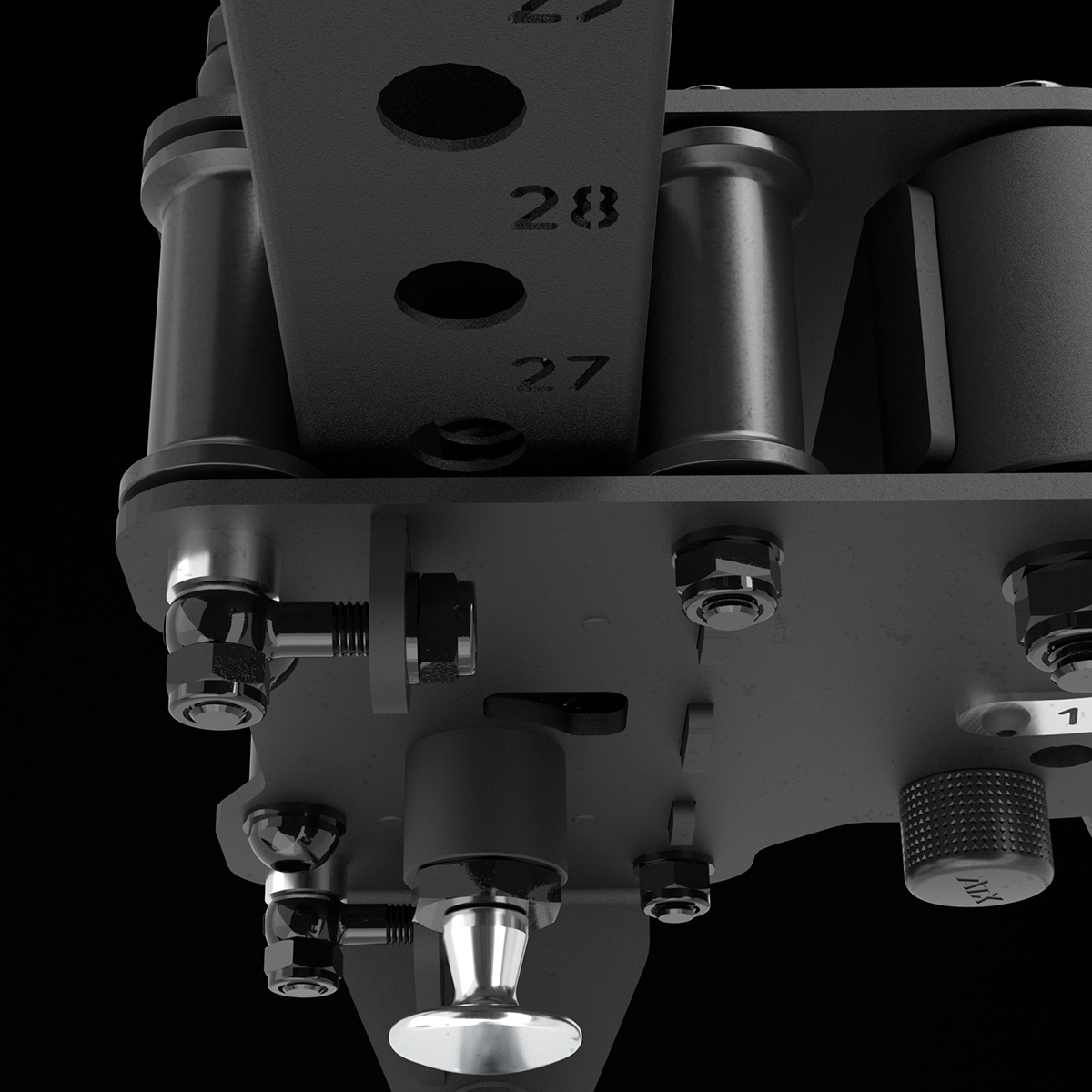 Close-up of ATX® Jammers 3D Roller 700 Series (Copy) metal component with bolts, nuts, knob, and numbers 27 and 28 engraved on a vertical bar—set against a black background.