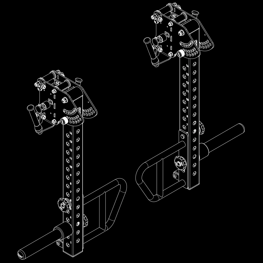 Isometric line drawing of ATX® Jammers 3D Roller 700 Series (Copy) with adjustable arms, multiple holes, handles, and levers for mounting on a power rack, shown against a black background.
