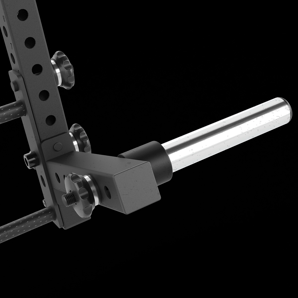 Close-up of the ATX® Jammers 3D Roller 700 Series, showing cylindrical chrome bars on a black adjustable rack with numbered holes and bolts, all set against a black background.
