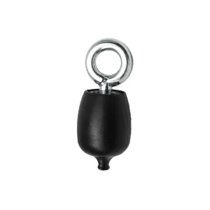 A black rubber plumb bob with a silver metal eyelet on top for attaching a string, shown against a white background.