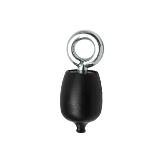 A black rubber plumb bob with a silver metal eyelet on top for attaching a string, shown against a white background.