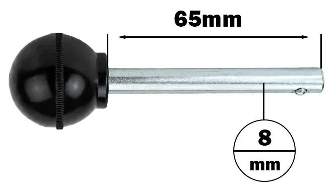 The Locking Pin 70mm D8mm features a metal rod with a black round knob at one end, measuring 70mm in length and 8mm in diameter, shown with labeled dimensions.