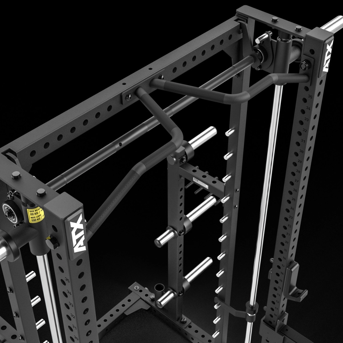 A close-up top view of a black ATX power rack with pull-up bar, barbell holders, and safety rods for weightlifting, positioned next to an ATX Commercial Smith Machine in a commercial gym.
