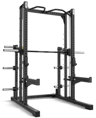 Black ATX Commercial Smith Machine with adjustable safety bars, barbell holders, pull-up bar, and plate storage—perfect for weightlifting in a gym or as part of a commercial setup.