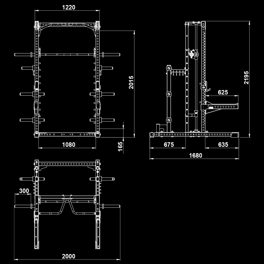 Technical drawing of the ATX Commercial Smith Machine with detailed front, side, and top views, displaying measurements in millimeters for height, width, depth, and key structural components.