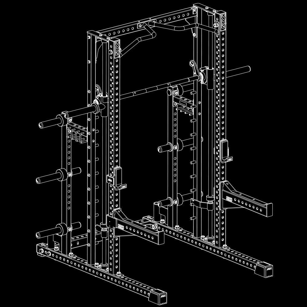Line drawing of the ATX Commercial Smith Machine, showing adjustable safety bars, barbell holders, and weight plate storage on each side, set against a black background.