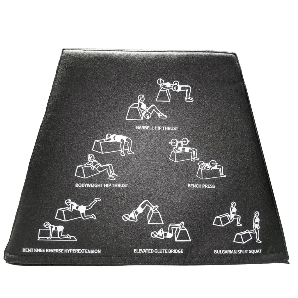Black exercise mat with white illustrations showing eight different workout moves: barbell hip thrust, bodyweight hip thrust, bench press, bent knee reverse hyperextension, elevated glute bridge, and Bulgarian split squat.