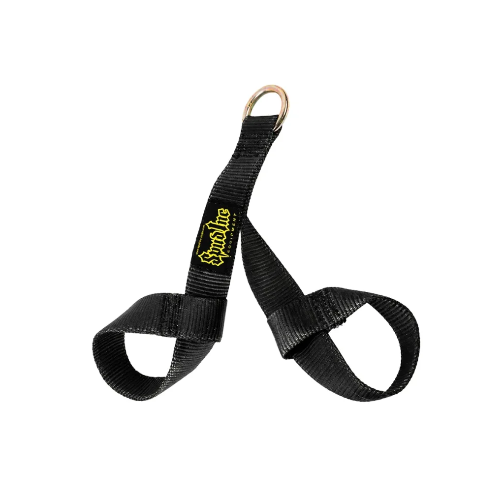 The Spud INC Kaleidostrap features black nylon wrist straps with a metal ring at the top and yellow embroidered text. Designed to secure around your wrists, the straps form two loops connected by a single strap leading to the ring.