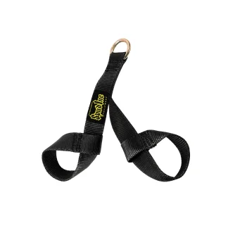 The Spud INC Kaleidostrap features black nylon wrist straps with a metal ring at the top and yellow embroidered text. Designed to secure around your wrists, the straps form two loops connected by a single strap leading to the ring.