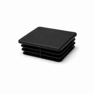 A black, square plastic end cap with ribbed sides, designed for insertion into the end of a square tube or pipe, is shown on a white background.
