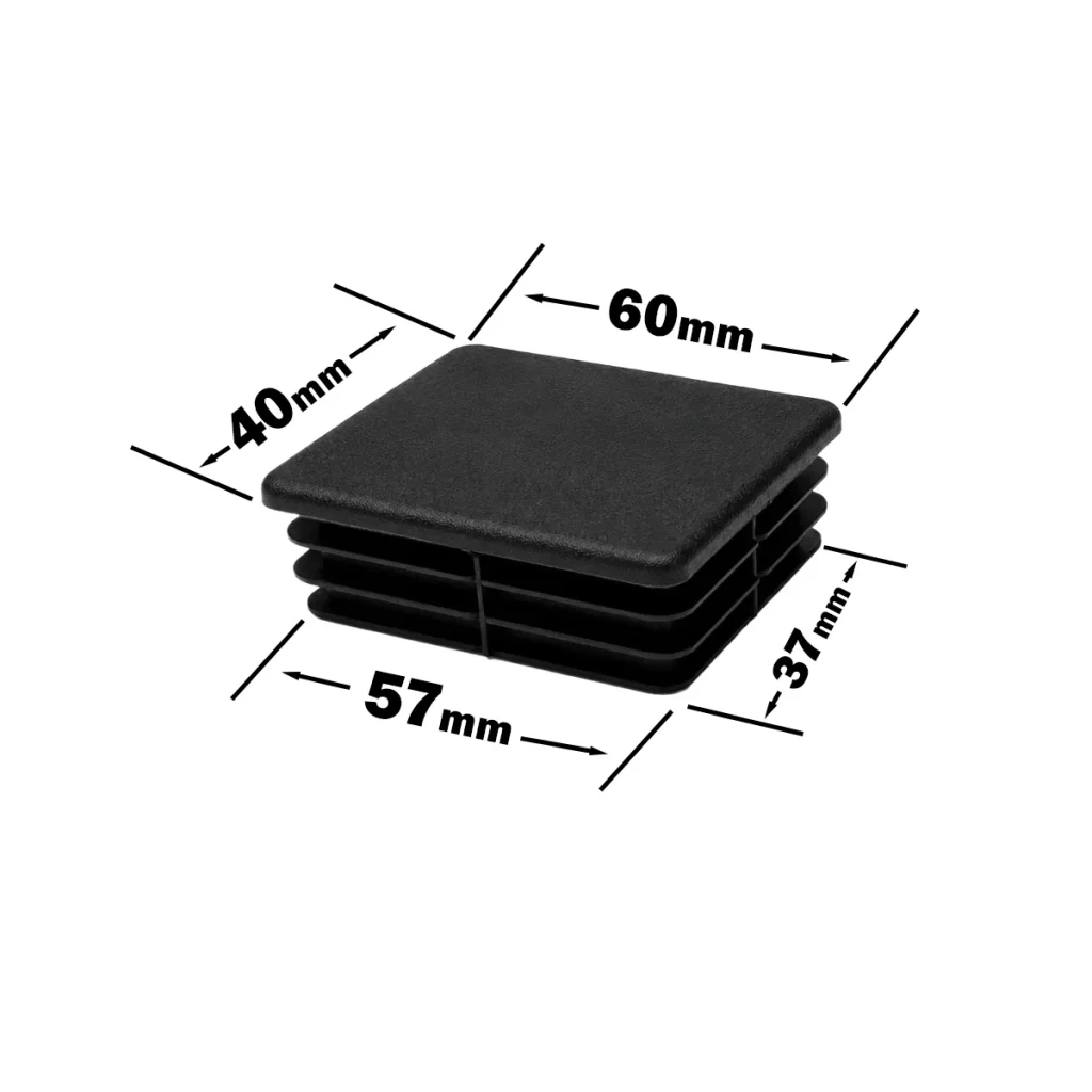 A black rectangular plastic end cap with dimensions labeled: 60mm length, 40mm width, 37mm height, and 57mm base width.