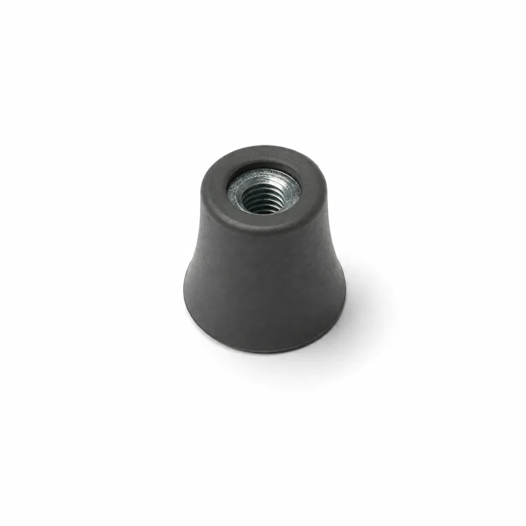 A small, black rubber tip with a threaded metal insert, shaped like a short, wide cone, photographed on a white background.