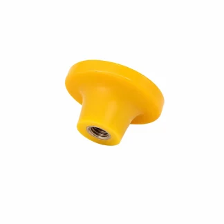Yellow plastic threaded knob with a flared base, shown against a white background. The metal threads are visible inside the opening at the narrower end.
