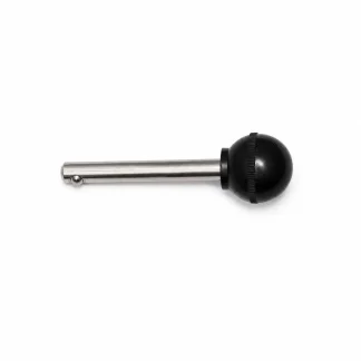 A metal rod with a round black handle and a small hole near one end, placed on a white background.