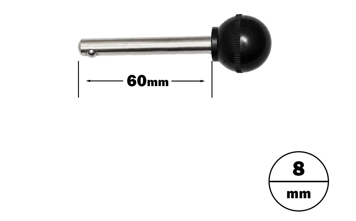 Metal rod with a black round knob and a 60mm length, featuring a hole near one end. Text also indicates the diameter of the rod is 8mm.